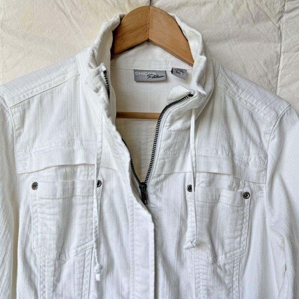Chico's Platinum Jacket White Cotton Denim Full Zip Tie Neck Vacation Casual 1